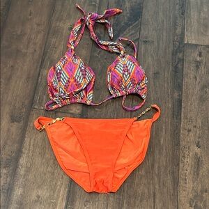 Vix Bright Orange Bikini Bottom with Gold Accent